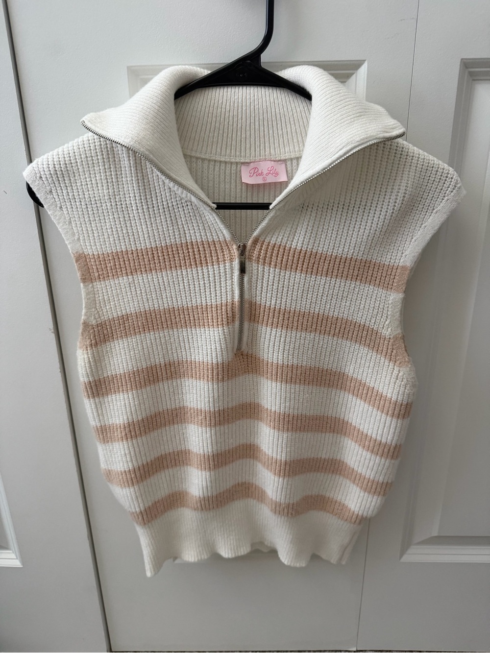 Pink Lily Striped Knit Half-Zip Sweater Vest Cream Beige Preppy Fisherman
